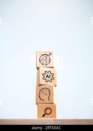 Business success with artificial intelligence support concept. Goal target , AI management, human brain and searching icons on wooden cube block stack Stock Photo