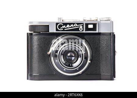 Moscow , RUSSIA - APRIL 4, 2020: Smena-8 - russian soviet scale rangefinder camera, LOMO 1963 isolated on white Stock Photo