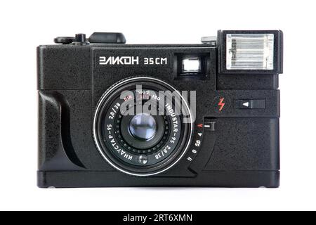 Moscow , RUSSIA - APRIL 4, 2020: Elicon 35SM- russian soviet 35 mm automatic scale rangefinder camera 1990 isolated on white Stock Photo