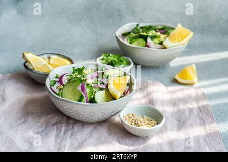 Healthy vegetables salads with organic cucumber, red onion, coriander and chopped nuts placed in a concrete table Stock Photo