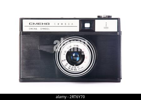 Moscow , RUSSIA - APRIL 4, 2020: Smena Symbol - russian soviet 35 mm scale rangefinder camera  LOMO 1971 isolated on white Stock Photo