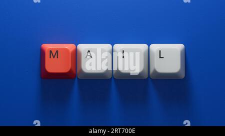 Mail.Computer keyboard keys spelling.Flat lay view from above on blue background with computer keyboard keys buttons.IT technology concept.3D renderin Stock Photo