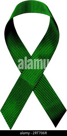 Vertical photograph of a green ribbon with black stripes on a white background Stock Photo