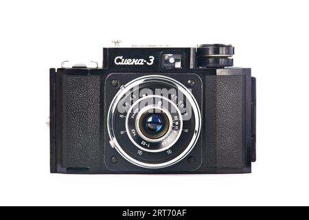 Moscow , RUSSIA - APRIL 4, 2020: Smena 3 - russian soviet 35 mm scale rangefinder camera  GOMZ 1958 isolated on white Stock Photo