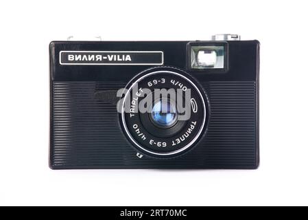 Moscow , RUSSIA - APRIL 4, 2020: Vilia - russian soviet 35 mm scale rangefinder camera  BelOMO 1974 isolated on white Stock Photo