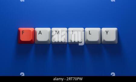 family.Computer keyboard keys spelling.Flat lay view from above on blue background with computer keyboard keys buttons.IT technology concept.3D render Stock Photo