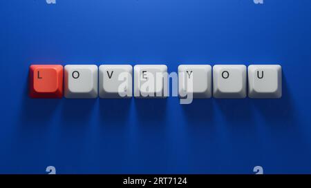 love you.Computer keyboard keys spelling.Flat lay view from above on blue background with computer keyboard keys buttons.IT technology concept.3D rend Stock Photo