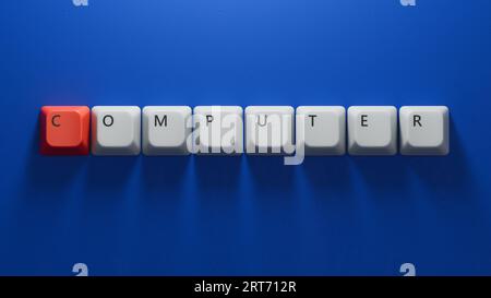 computer.Computer keyboard keys spelling.Flat lay view from above on blue background with computer keyboard keys buttons.IT technology concept.3D rend Stock Photo