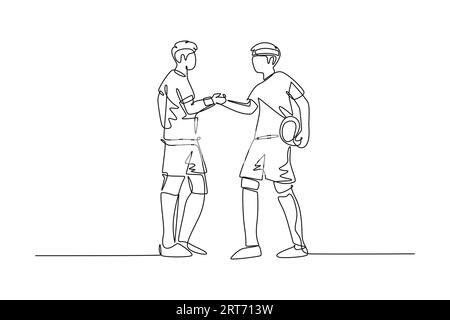 Single one line drawing two football player bring ball and handshaking to show sportsmanship before starting the match. Respect in soccer sport. Conti Stock Photo