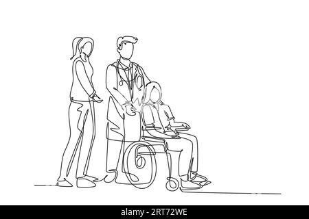 Continuous one line drawing young doctor and nurse visiting and handshaking the old patient with wheelchair in hospital. Healthcare medical concept. S Stock Photo