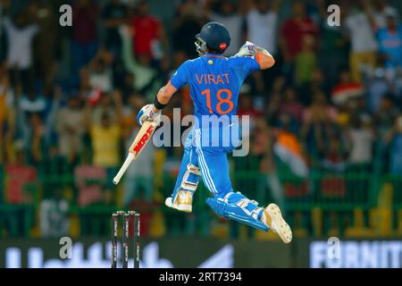 Colombo, Sri Lanka. 11th September 2023. India's Virat Kohli celebrates after scoring a century (100 runs) during the Asia Cup 2023 super four one-day international (ODI) cricket match between India and Pakistan at the Premadasa Stadium in Colombo on 11th September, 2023. Viraj Kothalwala/Alamy Live News Stock Photo