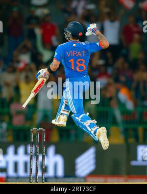 Colombo, Sri Lanka. 11th September 2023. India's Virat Kohli celebrates after scoring a century (100 runs) during the Asia Cup 2023 super four one-day international (ODI) cricket match between India and Pakistan at the Premadasa Stadium in Colombo on 11th September, 2023. Viraj Kothalwala/Alamy Live News Stock Photo