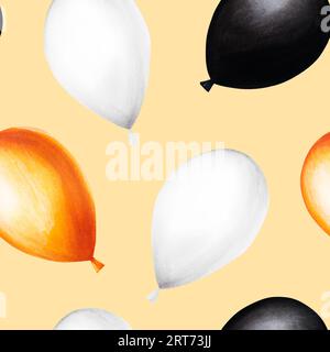 Watercolor Halloween seamless pattern balloons illustration. Hand painting orange, black, white balloon sketch isolated on white background. For desig Stock Photo