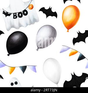 Watercolor seamless pattern with festive flags, cute ghosts, bats and balloons for halloween illustration. Hand painting postcard isolated on white ba Stock Photo