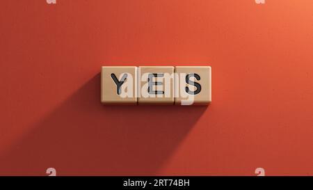 The word Yes written in black letters on wooden blocks. Message spells Yes. Business, motivation and education concept.3D rendering on red background. Stock Photo
