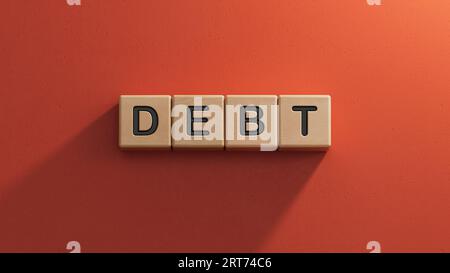 DEBT text on wooden blocks, financial business concept.3D rendering on red background. Stock Photo