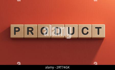 Product word with letters on wooden blocks on wooden table. Product or services sales business concept.3D rendering on red background. Stock Photo