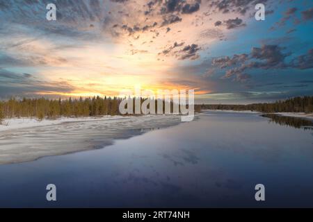 sunset at Erilampi lake, Remote lake Lakeland Karelia Finland Stock Photo