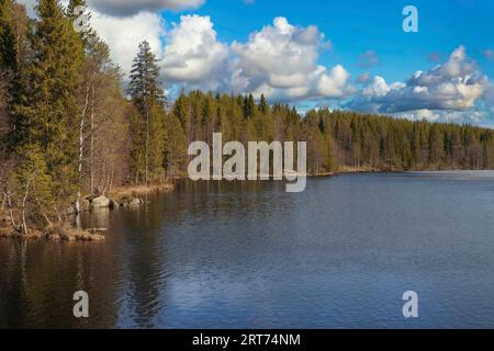 sunset at Erilampi lake, Remote lake Lakeland Karelia Finland Stock Photo