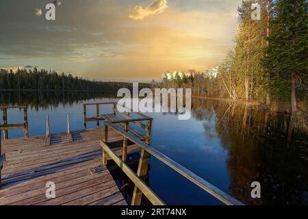 sunset at Erilampi lake, Remote lake Lakeland Karelia Finland Stock Photo