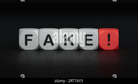 Concept for fake news. Cubes placed on a newspaper form the word 'FAKE!'.3D rendering on black background. Stock Photo