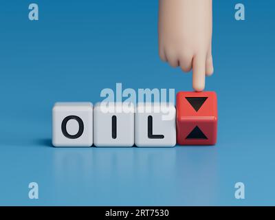 Hand is turning a dice and changes the direction of an arrow symbolizing that the Oil price is changing the trend and goes down instead of up (or vice Stock Photo