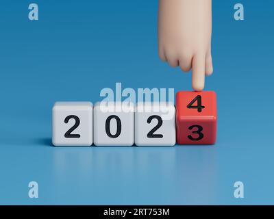 Flipping of 2023 to 2024 on wooden block cube for preparation new year change and start new business target strategy concept.3D rendering on blue back Stock Photo