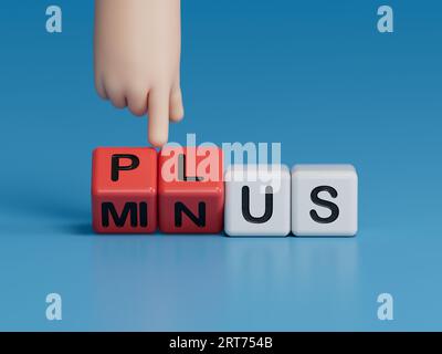 Flipping of minus to plus which print screen on wooden cube block ,Positive and negative thinking and mindset concept.3D rendering on blue background. Stock Photo