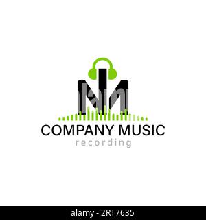 Company music logo design Element. Logo Emblem Monogram N M. Initial Letter NM. Logo with headphones and record line. Black and green sign Template. Stock Vector