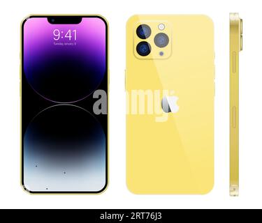 New iPhone 15 pro, pro max Deep yellow color by Apple Inc. Mock-up screen iphone and back side iphone. High Quality. Official presentation. Editorial. Stock Vector