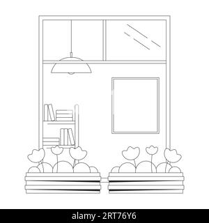 Balcony window with flowers in pots bw concept vector spot illustration Stock Vector