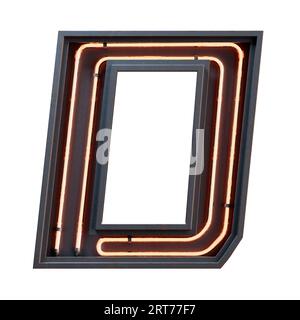 3D illustration of orange Neon light alphabet character Capital letter. Neon tube Capital letter orange glow effect in black metal box.3d rendering is Stock Photo
