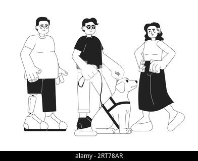 Disabilities diversity black and white cartoon flat illustration Stock Vector