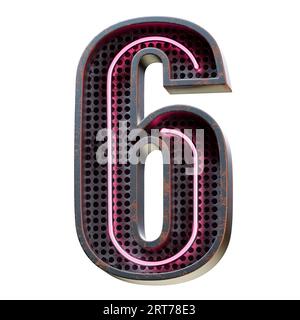 3D illustration of Pink Neon light digit number character font. Neon tube number Pink glow effect in Black rusty metal box.3d rendering isolated on Stock Photo