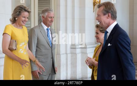 Queen Mathilde of Belgium, King Philippe - Filip of Belgium and Luxembourg's Grand Duke Henri and his wife Grand Duchess Maria Teresa pictured during the 19th informal summit of the heads of state of German-speaking countries, at the Royal Castle in Laken/ Laeken, Brussels, Monday 11 September 2023. BELGA PHOTO BENOIT DOPPAGNE Stock Photo