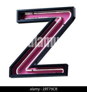 3D illustration of White Neon light alphabet character Capital letter. Neon tube Capital letter White glow effect in Black metal box with pink botto Stock Photo