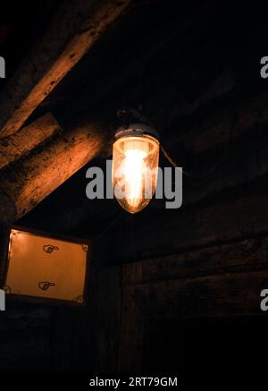 Vertical dark photo of vintage (retro) lighting bulb hanging from the ceiling. Cozy light bulb at night - lifestyle photography. Stock Photo