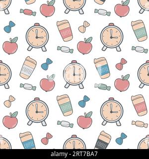 Coffee break concept seamless pattern. Clock, takeaway coffee, food background doodle sketch style. Break from work or study. Print for packaging Stock Vector