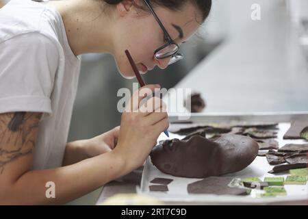 Wernigerode, Germany. 11th Sep, 2023. Laura Hammel, apprentice at the Wiecker confectionery and café, prepares her competition work. The state competition for the state confectioners' champion was held in Wernigerode. The state winner will represent Saxony-Anhalt at the German Championship - German Craft Skills- on 3./4.11.23 in Munich. In the confectionery and café Wiecker three confectioners participated in the competition. Laura Lammel, apprentice in the pastry shop and café Wiecker won. Credit: Matthias Bein/dpa/Alamy Live News Stock Photo