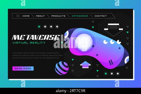 Metaverse landing page. VR glasses for gaming with simple objects floating around on purple background. Virtual reality, future digital technology vector illustration. Social media design web template Stock Vector
