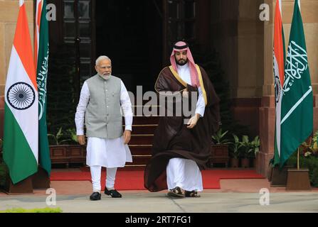 New Delhi, India. 11th Sep, 2023. Indian Prime Minister Narendra Modi receives Saudi Arabia's Crown Prince and Prime Minister Mohammed bin Salman bin Abdulaziz Al Saud before their bilateral meeting at the Hyderabad House. Credit: SOPA Images Limited/Alamy Live News Stock Photo