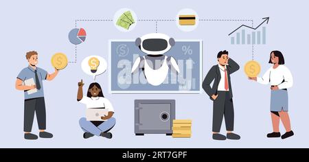 AI in financial management. People use artificial intelligence for effective use of money. Online robotic with innovative technologies help financiers automate banking payments, deposits or transfers. Stock Vector