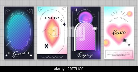 Set of trendy blur gradient posters for social media, ig stories templates. Vintage y2k pastel color covers with blurred geometric shapes. Vector flyers of aura aesthetic elements with defocus effect. Stock Vector