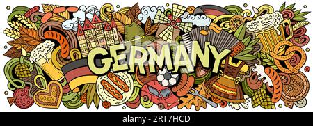 Vector illustration with Germany theme doodles. Vibrant and eye-catching banner design, capturing the essence of German culture and traditions through Stock Vector