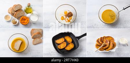 Making sweet pumpkin cinnamon ginger toast, collage, step by step, diy, ingredients, cooking steps, final dish on light blue table. Stock Photo