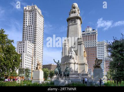 Monument to Cervantes and statues of Don Quixote and Sancho Panza in the Plaza de Espana, with the Torre de Madrid (left) and Edificio España in the b Stock Photo