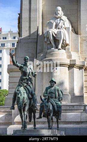 Monument to Miguel de Cervantes and statues of Don Quixote and Sancho Panza in the Plaza de Espana, Madrid, Spain. Stock Photo