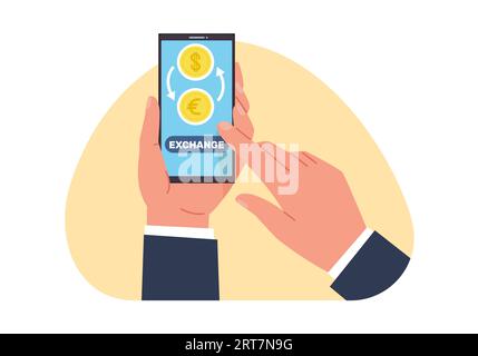Foreign exchange services, money exchange online on your smartphone through financial application. Euro to dollar. Hand hold phone. Bank app. Cartoon Stock Vector