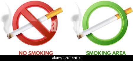 Cigarette stop and allow signs. No smoking and smoking allowed area symbols with realistic burning cigarettes in circle frames. Isolated 3D vector Stock Vector