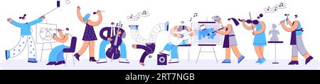 People of creative professions. Professional artist, musician, singer and dancer characters. Contemporary art school or hobbies and creativity flat Stock Vector